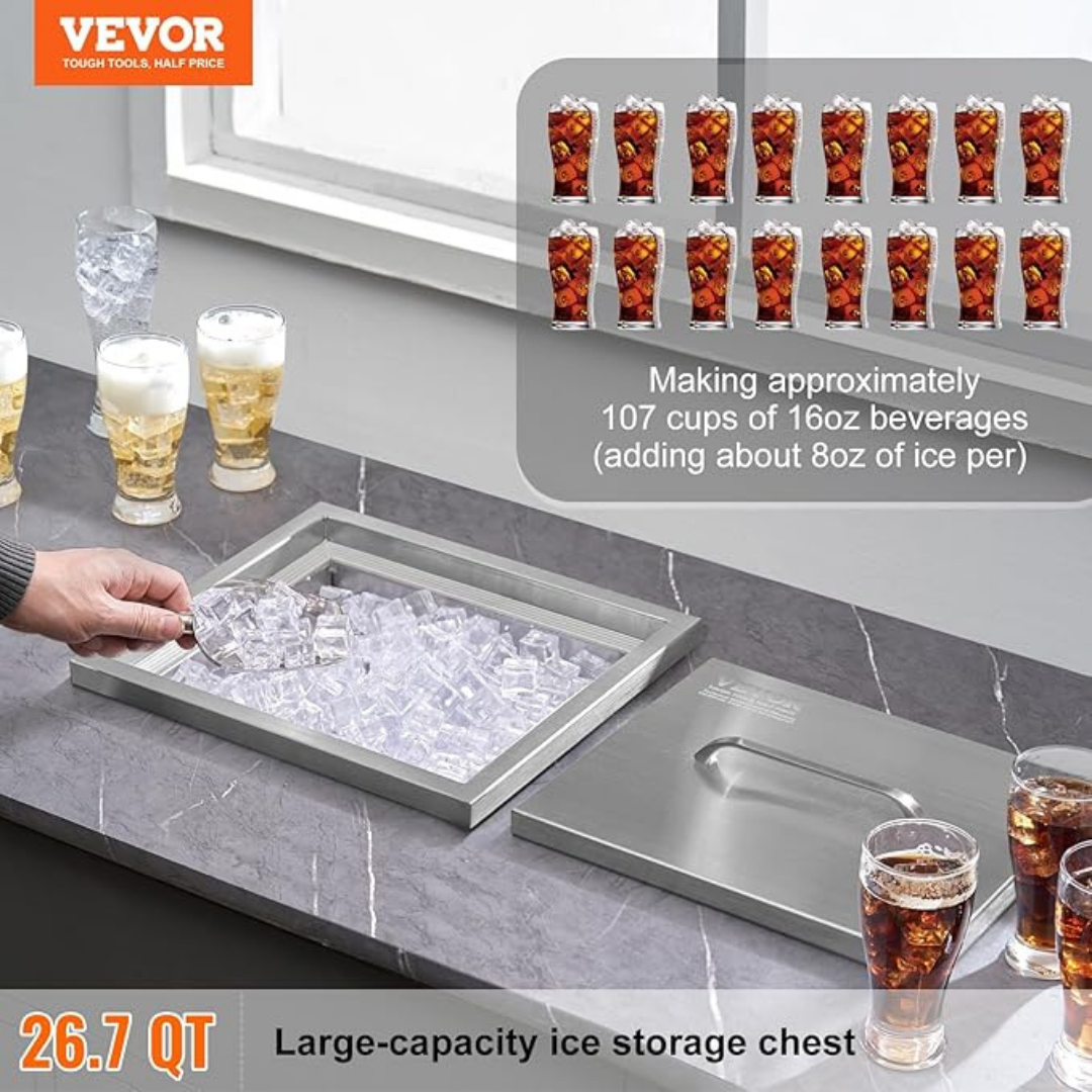 Drop-in Ice Chest, Stainless Steel Commercial Ice Bin with Cover, 40 qt Outdoor Kitchen Ice Bar, Drain-Pipe and Drain Plug Included detail photo 6
